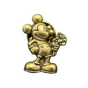 Vintage Walt Disney MICKEY MOUSE Holding Flowers Gold Tone Tac Pin